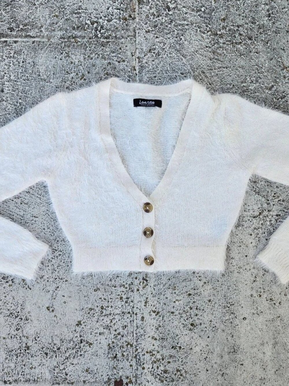 Love Star Girl Sweater Fuzzy White V Neck Button Closure Top Size XS